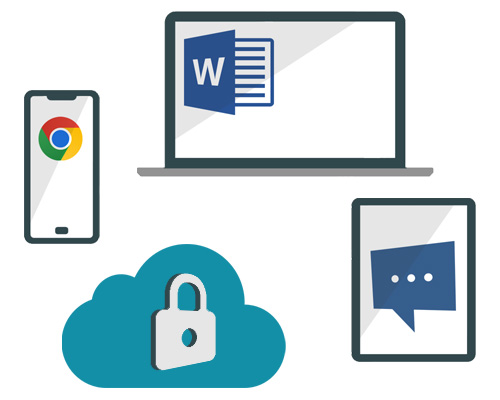 Ordinateur avec Word, portable avec Chrome, tablette et nuage illustrant la mobilité et l'adaptabilité de VocalDirect